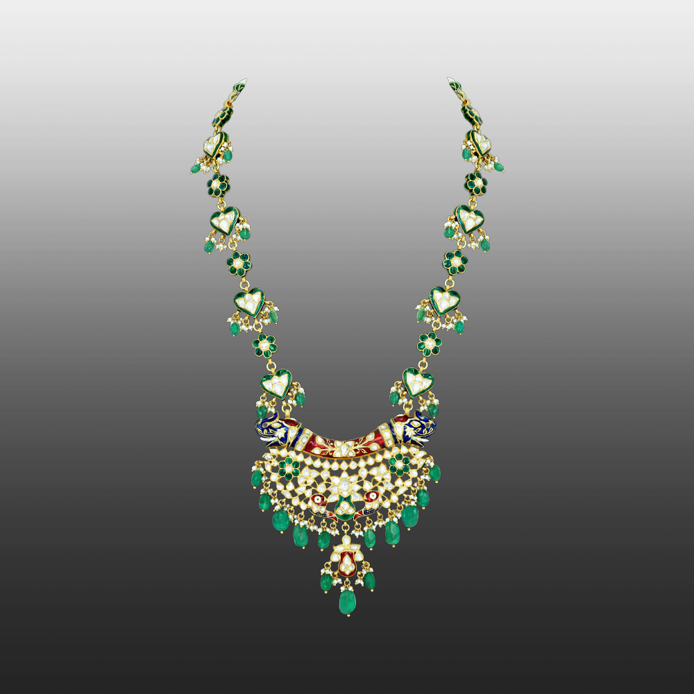 Polki Pendant Necklace with Red-Green Meenakari and Emeralds